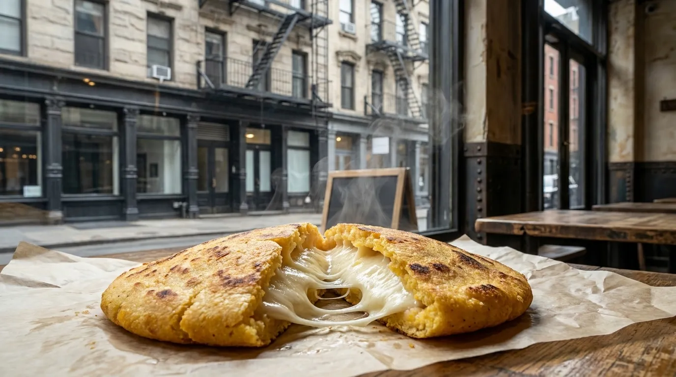Golden arepa boyacense split open showing melted cheese inside