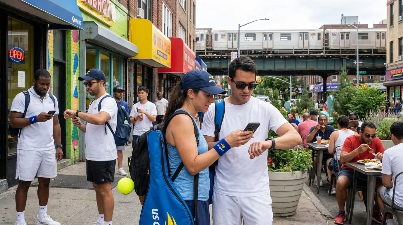 Photorealistic New York scene for Jackson Heights Dinner Routes Before US Open Night Tennis.