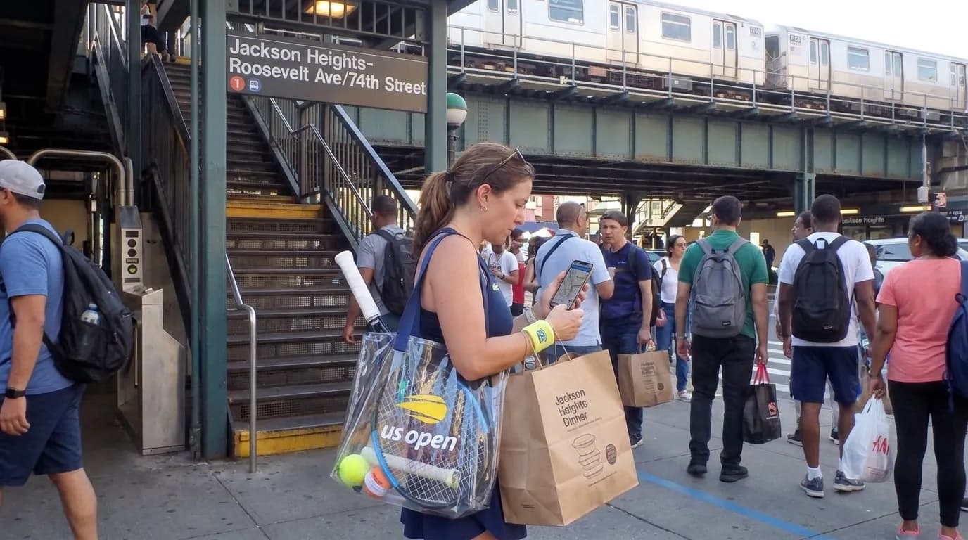 Bright editorial scene supporting Jackson Heights Dinner Routes Before US Open Night Tennis.