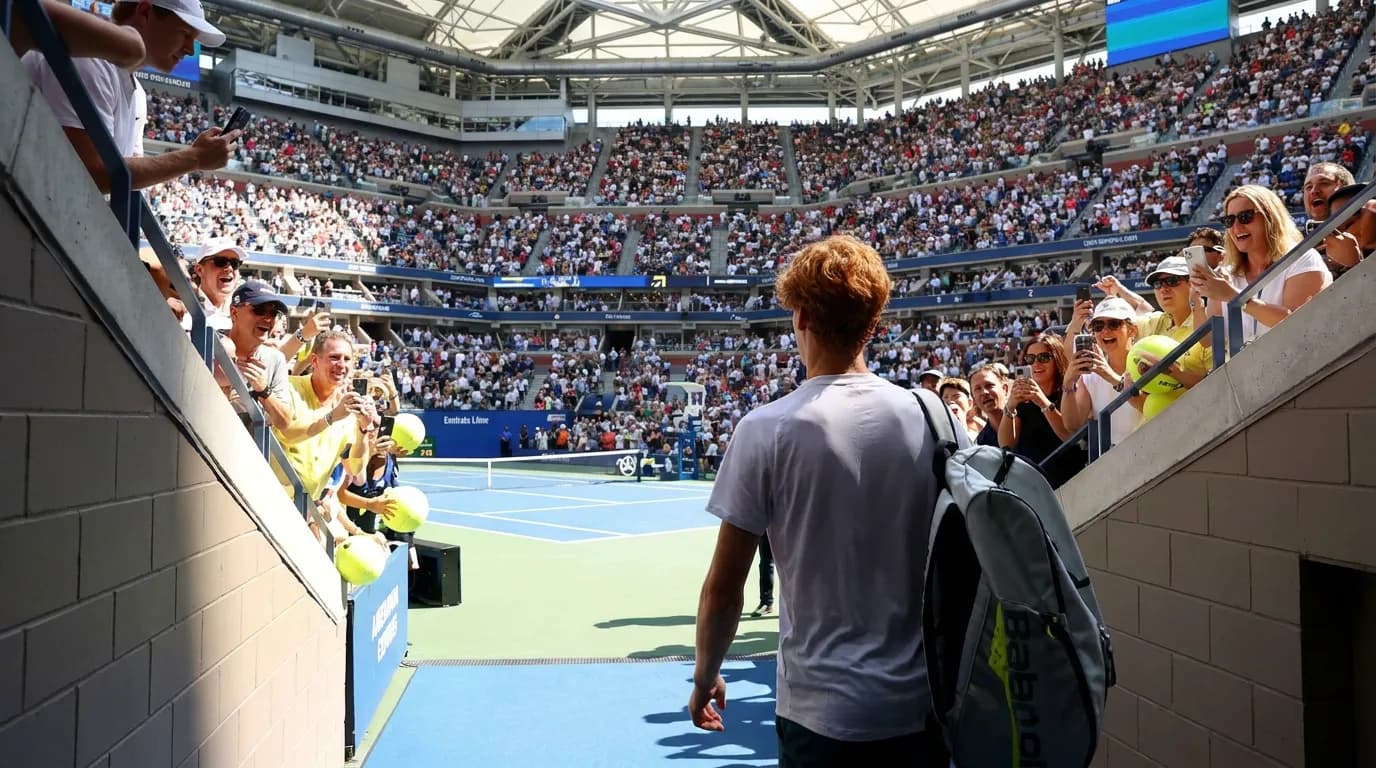 Jannik Sinner-inspired player walks from a stadium tunnel toward a bright blue US Open court.