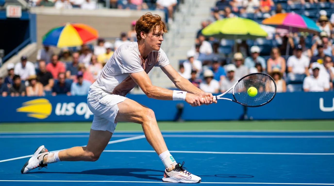 A red-haired elite player strikes an early backhand on a vivid New York hard court.
