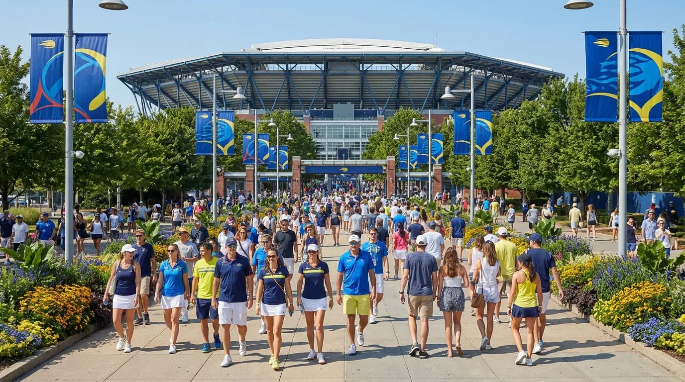 Fans approach the US Open grounds and main stadium on a bright late-summer afternoon.