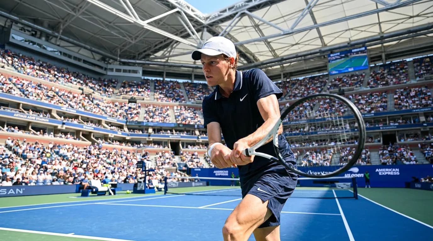 Photorealistic US Open tennis scene for Jannik Sinner Age, Career Timeline and US Open Chances.