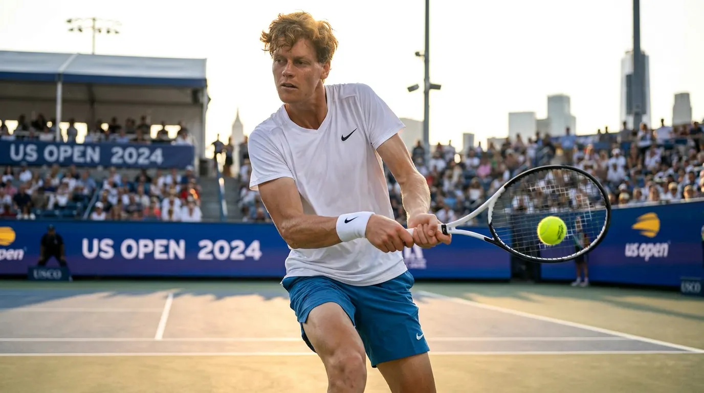 Photorealistic tennis scene illustrating Jannik Sinner Age, Career Timeline and US Open Chances.