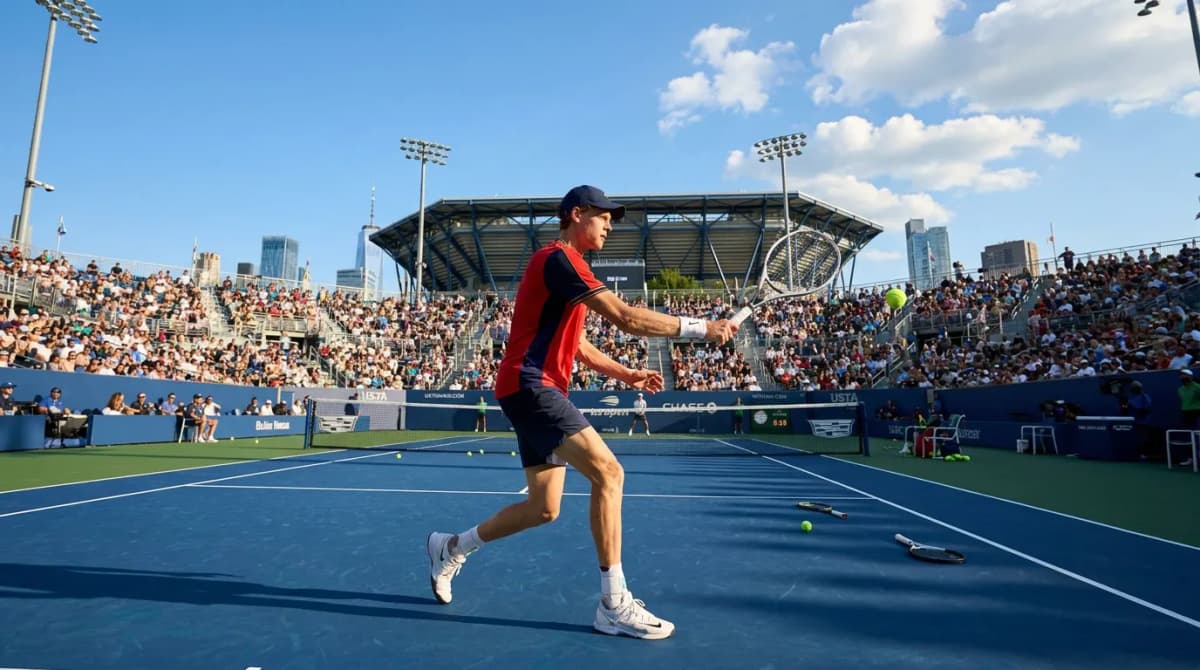 Bright US Open tennis atmosphere illustrating Jannik Sinner Age, Career Timeline and US Open Chances.