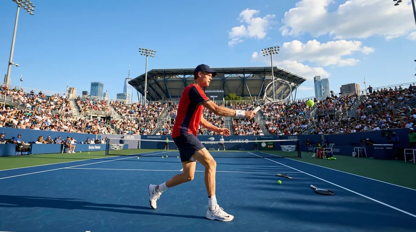 Bright US Open tennis atmosphere illustrating Jannik Sinner Age, Career Timeline and US Open Chances.