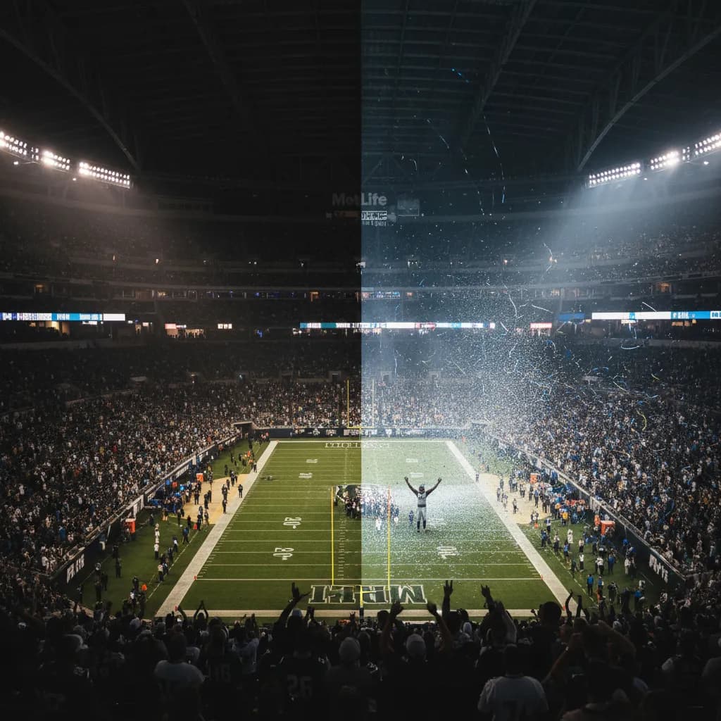 MetLife Stadium interior at night half lit and half in shadow showing the drama's contrast