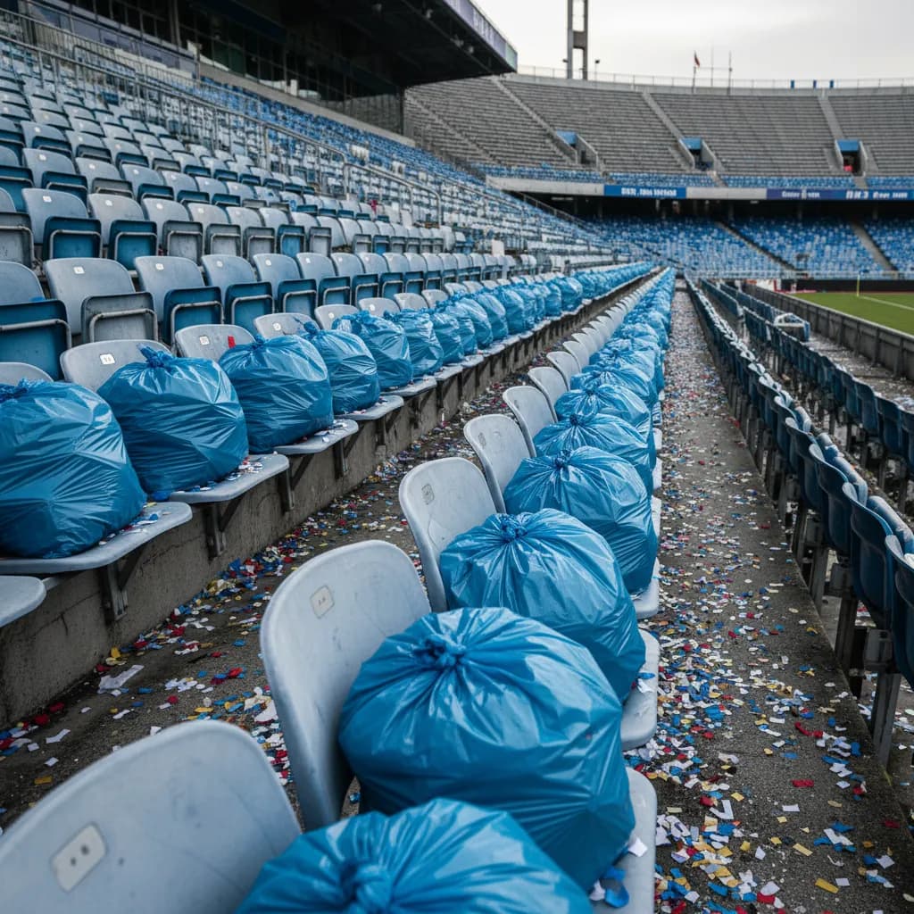 A Japanese flag draped over a stadium seat with a crumpled program beside it after the loss