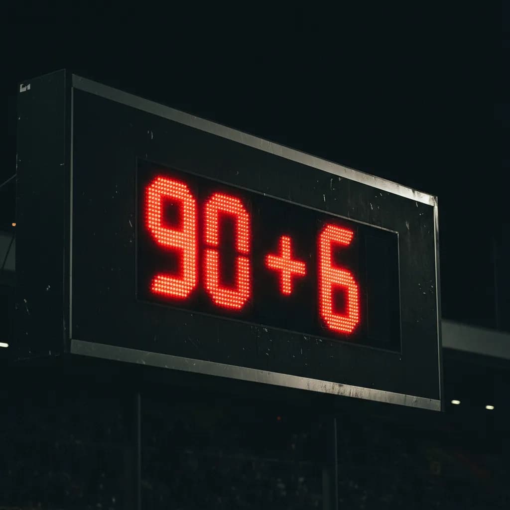 A stadium clock shows 90+6 in glowing red digits during World Cup injury time