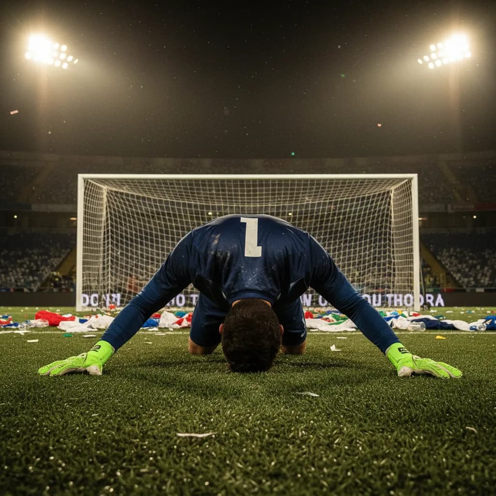 A stadium clock shows 90+6 in glowing red digits during World Cup injury time