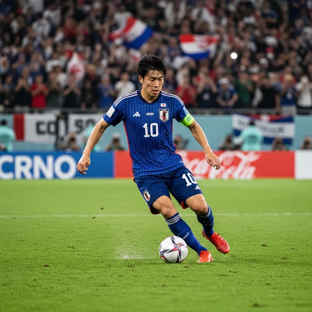 A Japan player pressing forward in the blue jersey during World Cup 2026