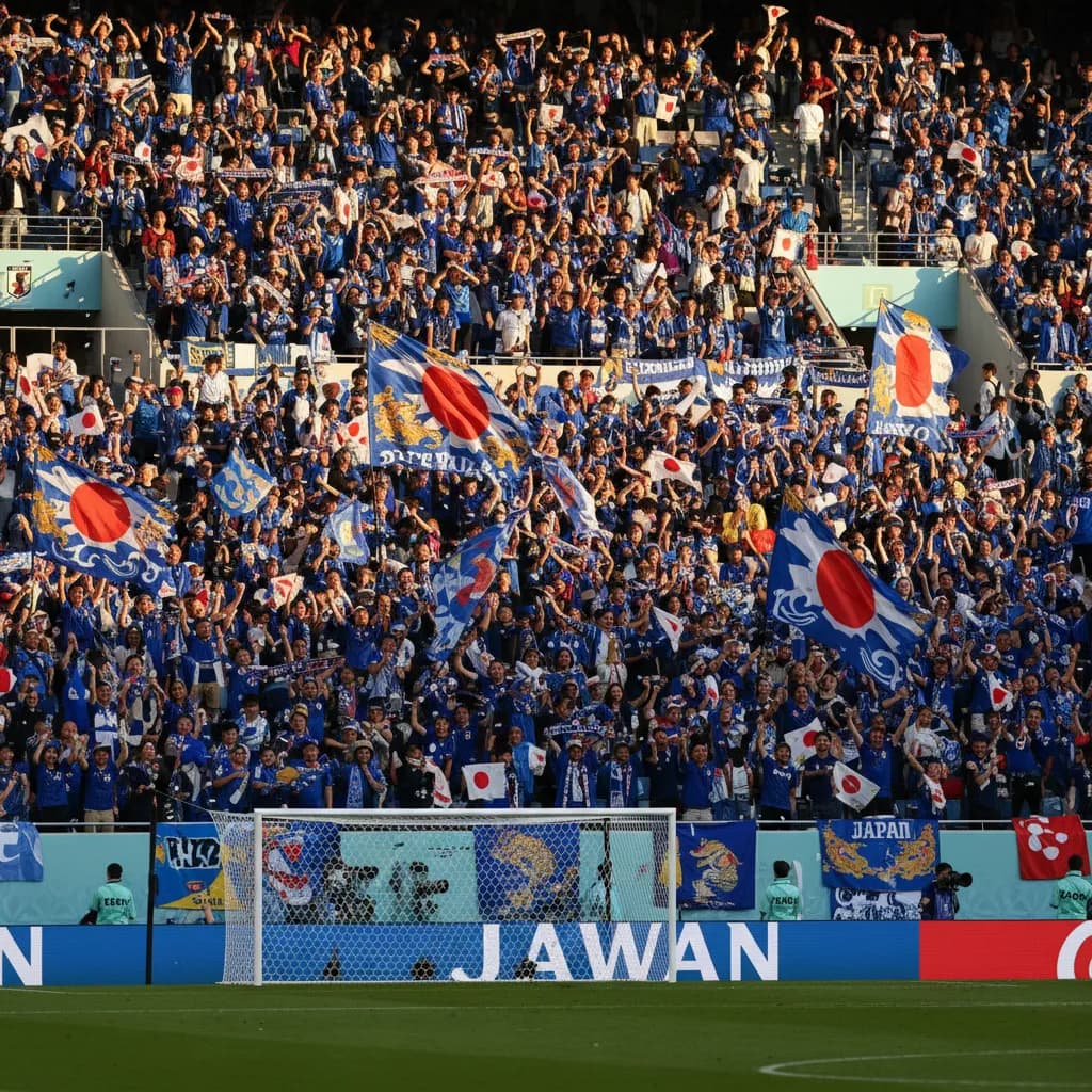 A Japan player pressing forward in the blue jersey during World Cup 2026