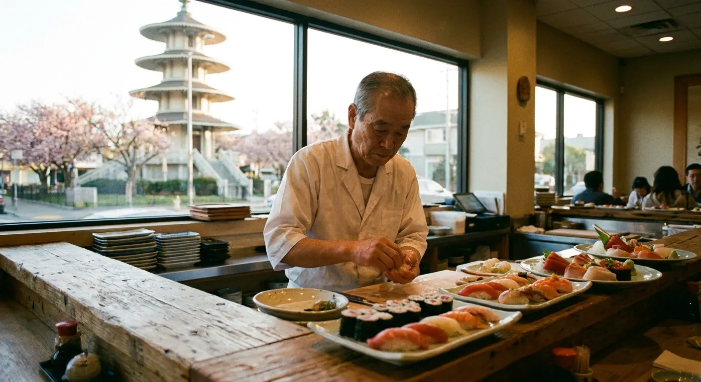 A sushi chef at a wooden counter with San Francisco's Japantown Peace Pagoda visible through the window