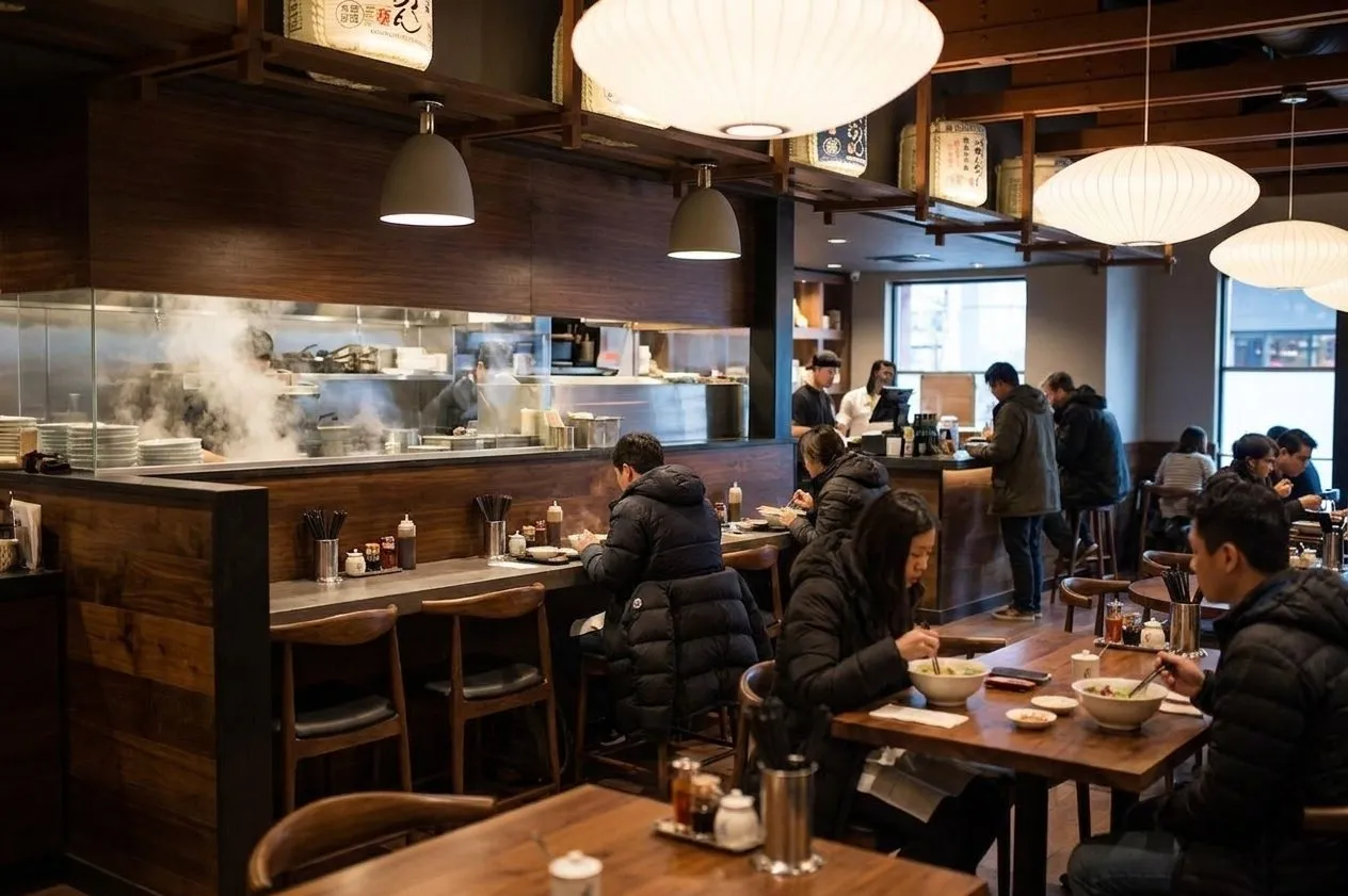Steaming ramen bowls and a busy counter inside Japantown