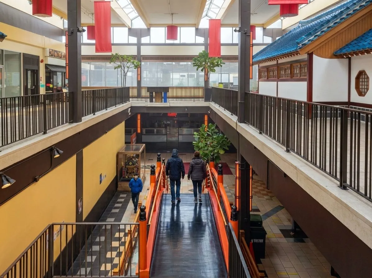 Japantown indoor walkway connecting shops on a gray day