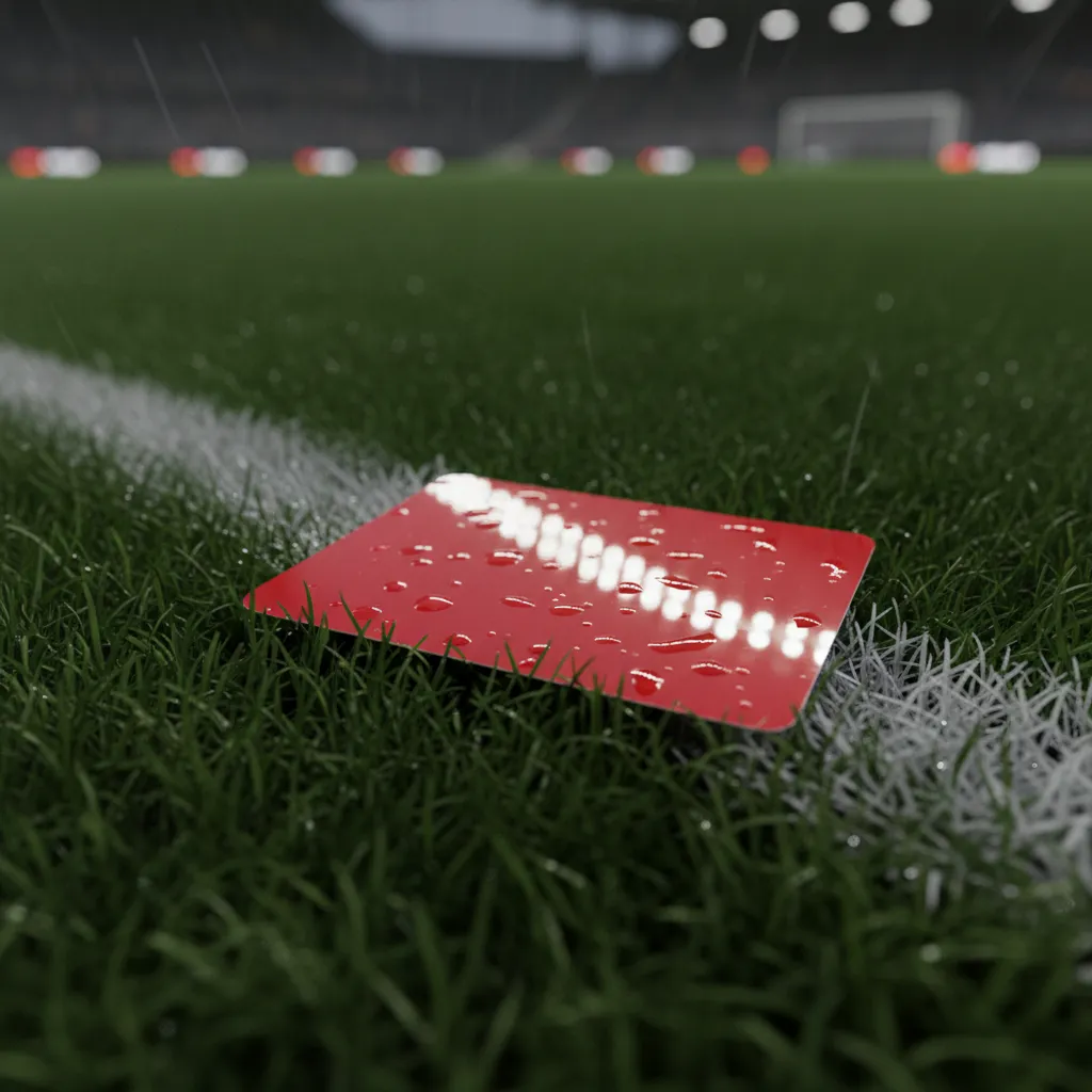 A red card lies on wet green grass reflecting stadium floodlights after the storm