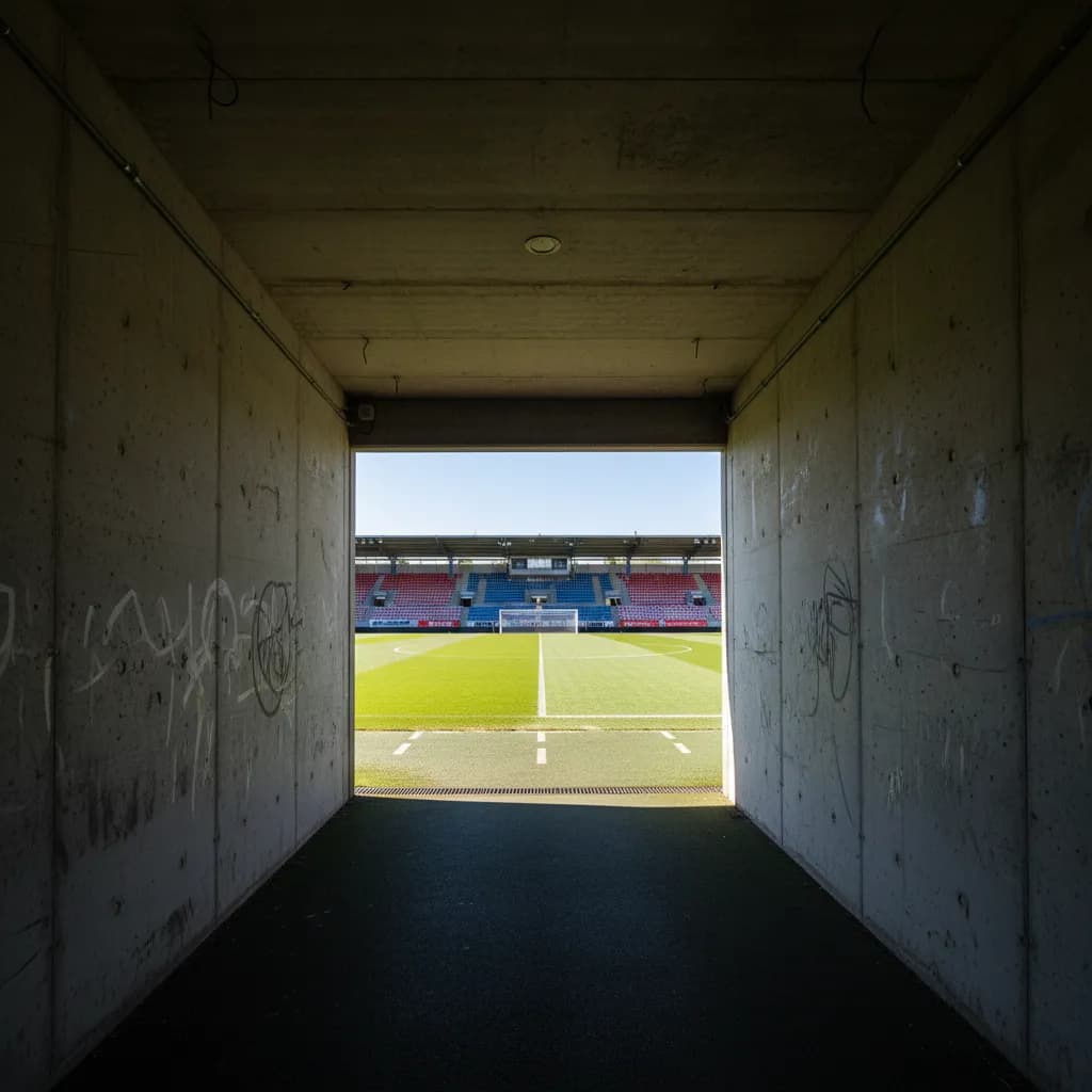 A red card lies on wet green grass reflecting stadium floodlights after the storm