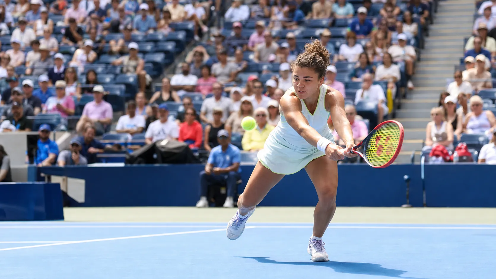 Photorealistic US Open tennis scene for Jasmine Paolini’s Movement Could Disrupt Bigger US Open Hitters.