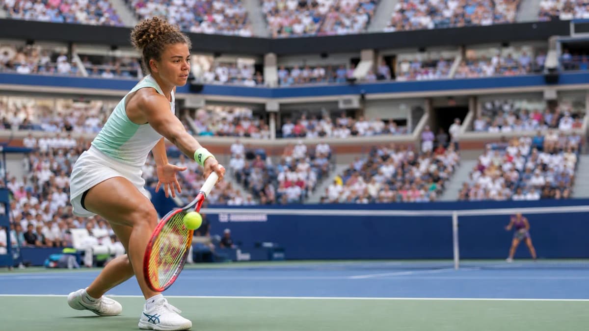 Photorealistic tennis scene illustrating Jasmine Paolini’s Movement Could Disrupt Bigger US Open Hitters.