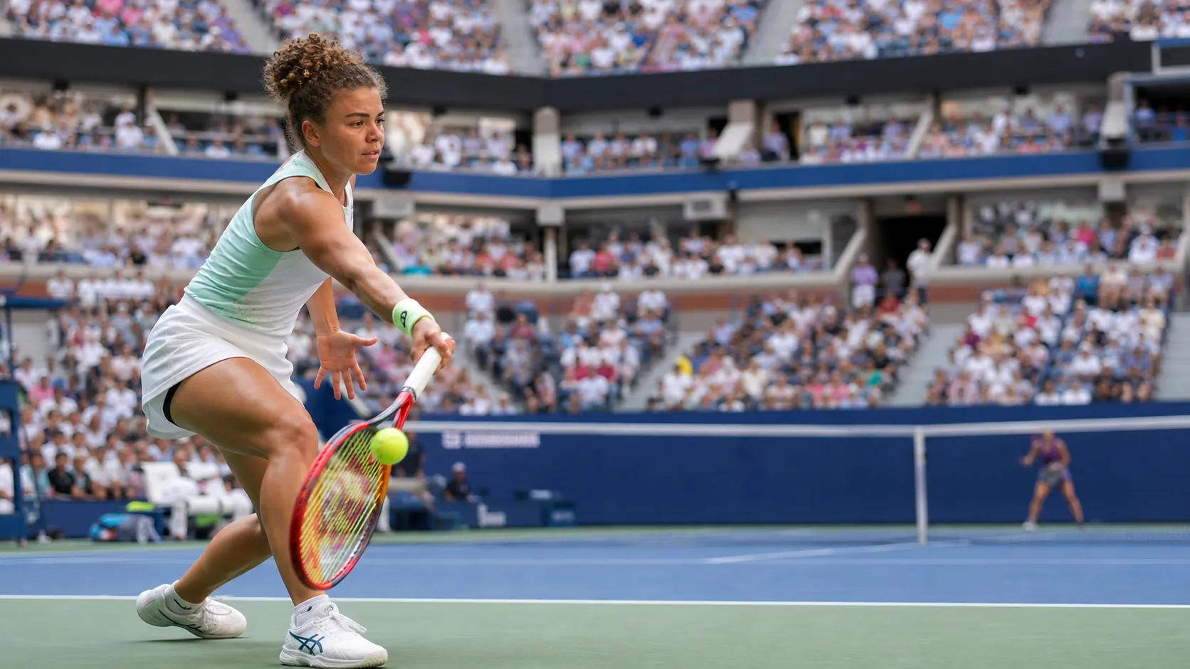 Photorealistic tennis scene illustrating Jasmine Paolini’s Movement Could Disrupt Bigger US Open Hitters.