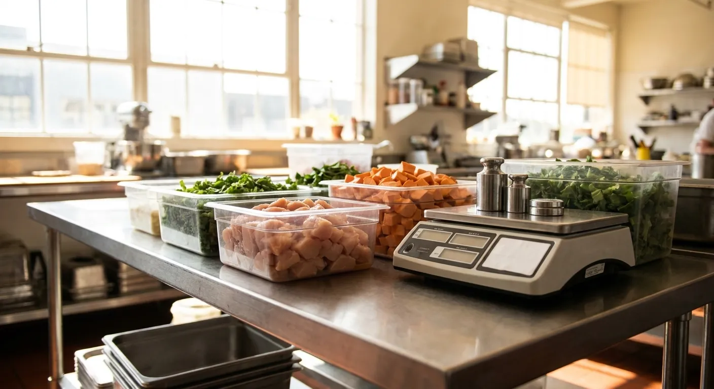 Stainless steel prep table with portioned raw chicken, sweet potatoes, and greens in clear containers, kitchen scale and labels visible