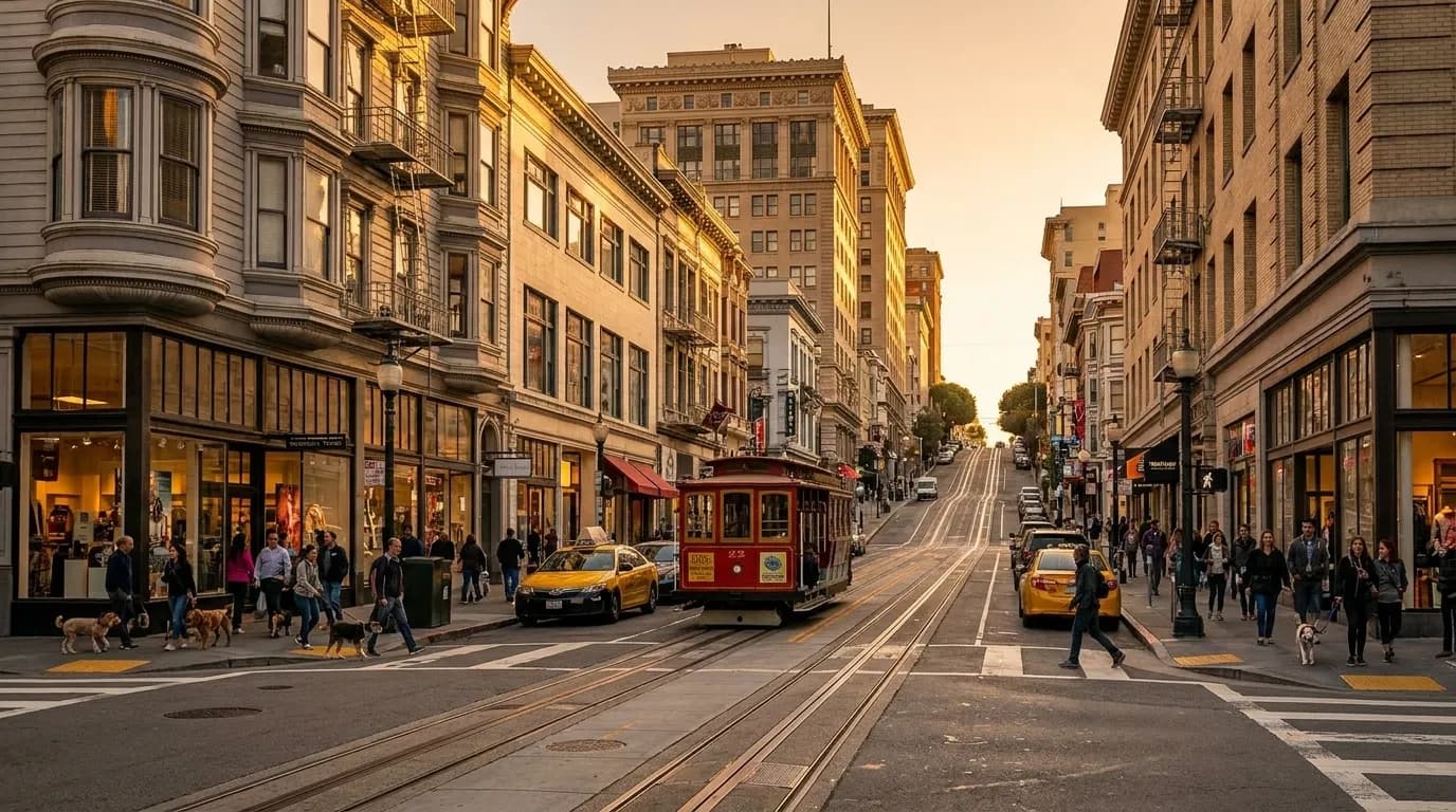 Powell Street cable car turnaround near Washington Square Park, North Beach storefronts and pedestrians visible on sunny afternoon