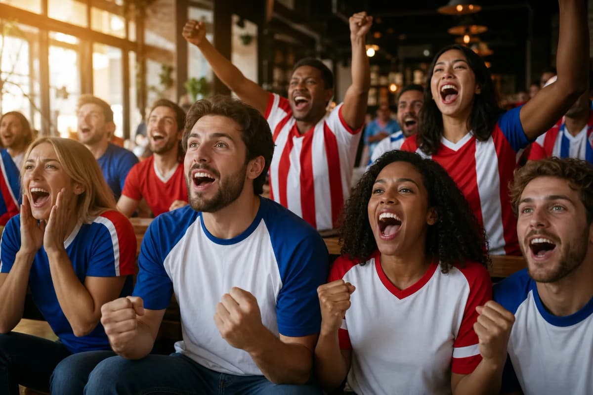Bright realistic public watch party with USA jerseys