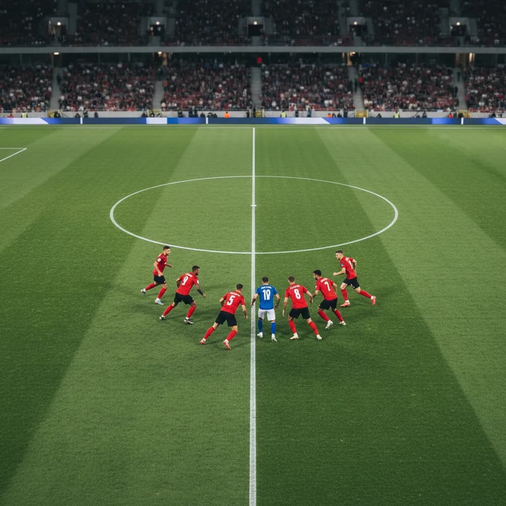 Bird's eye view of a pressing formation with six players closing down an opponent