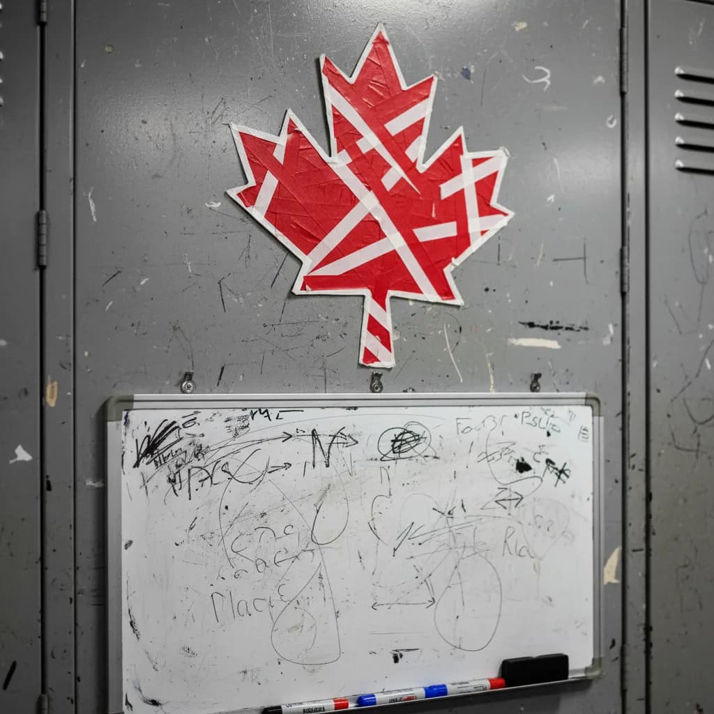 A maple leaf made from red and white athletic tape on a locker room wall above a whiteboard