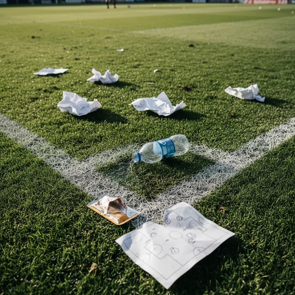 A knocked-over water bottle and scattered tactical notes capture the aftermath of a wild sideline celebration
