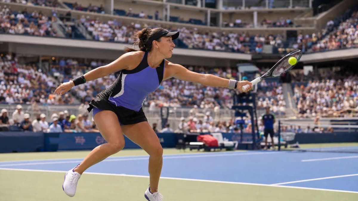 Photorealistic tennis scene illustrating Jessica Pegula’s Best Tactical Path Through New York.