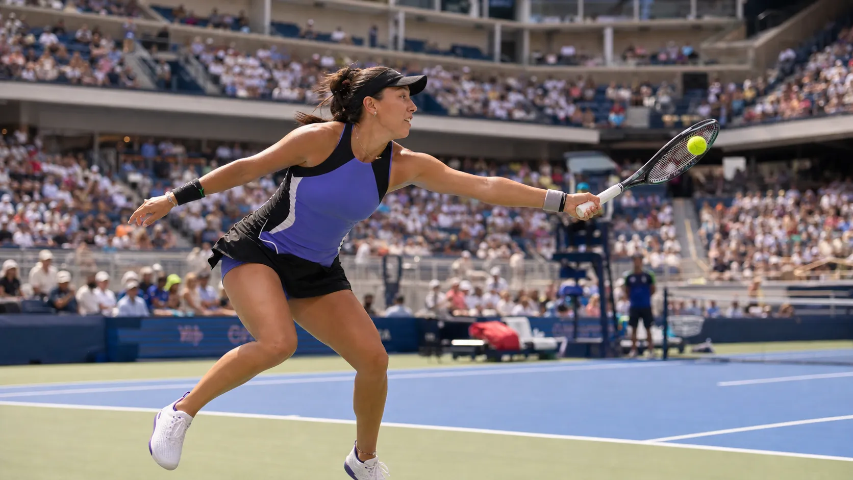Photorealistic tennis scene illustrating Jessica Pegula’s Best Tactical Path Through New York.
