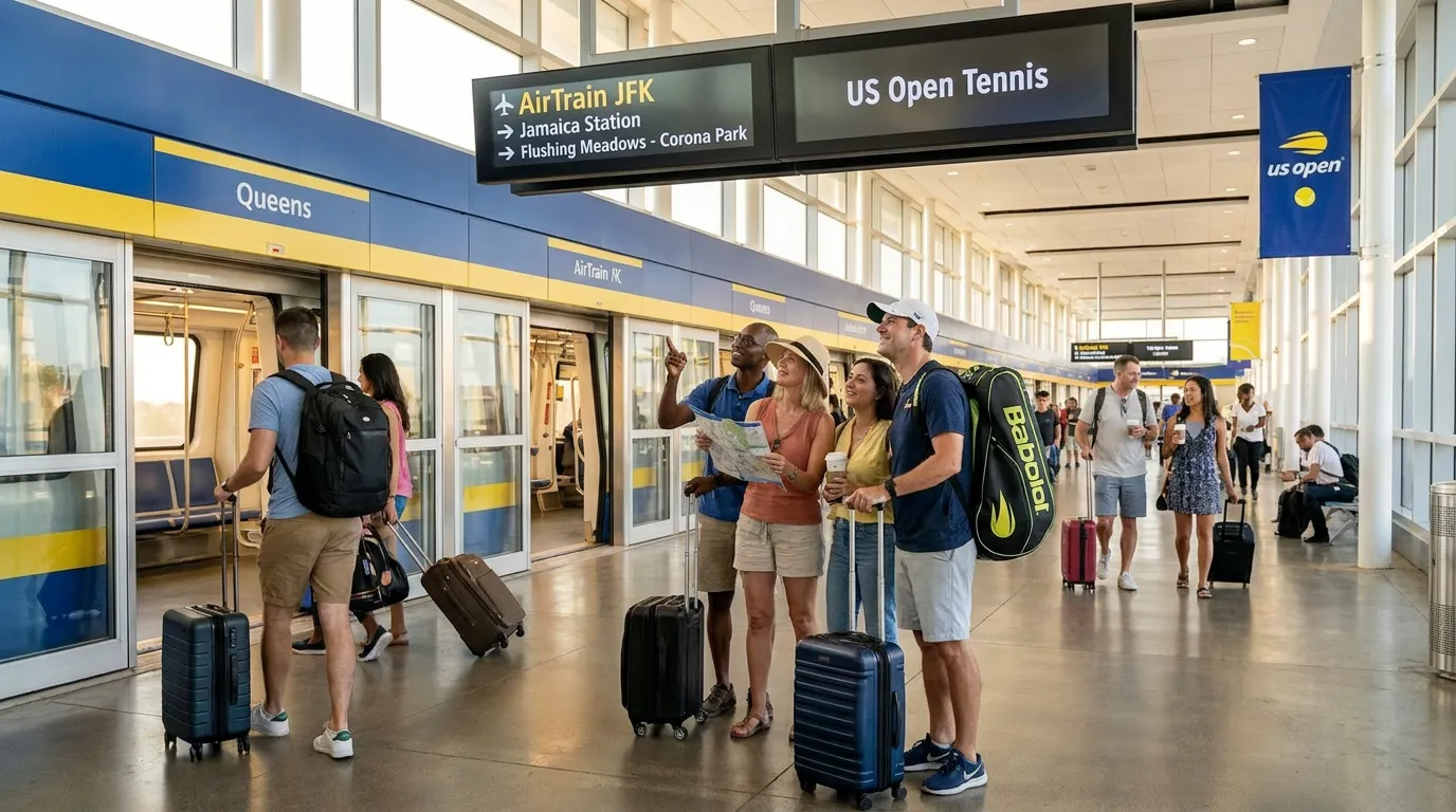 Photorealistic US Open tennis scene for JFK to Flushing Meadows for First-Time Visitors.