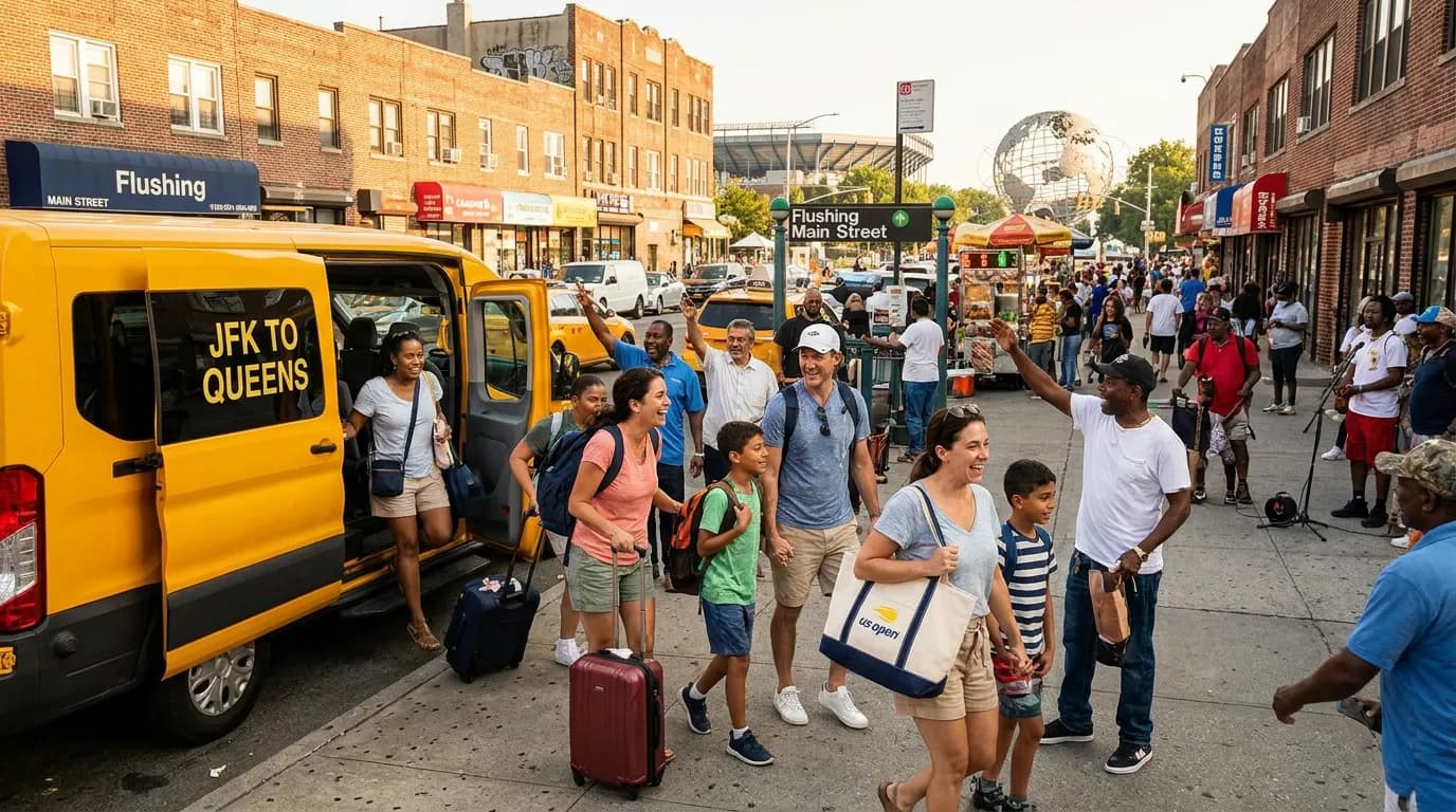 Bright US Open tennis atmosphere illustrating JFK to Flushing Meadows for First-Time Visitors.
