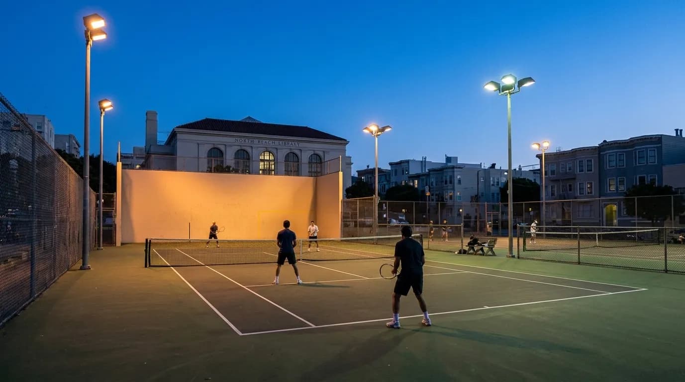 Lit tennis courts at Joe DiMaggio Playground in North Beach at dusk with players on court
