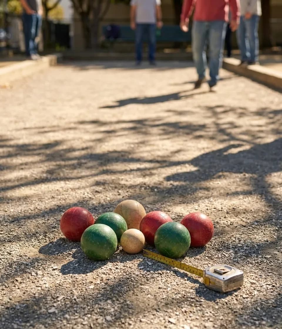 Close view of colorful bocce balls on the court at Joe DiMaggio Playground with players' shadows in background