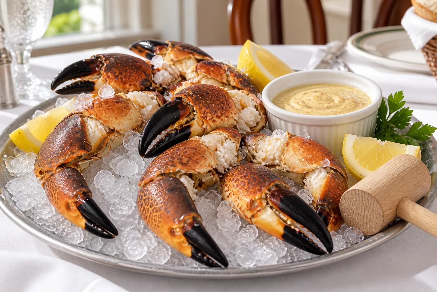 Chilled stone crab claws arranged on crushed ice with a small dish of mustard sauce and a wooden mallet beside them