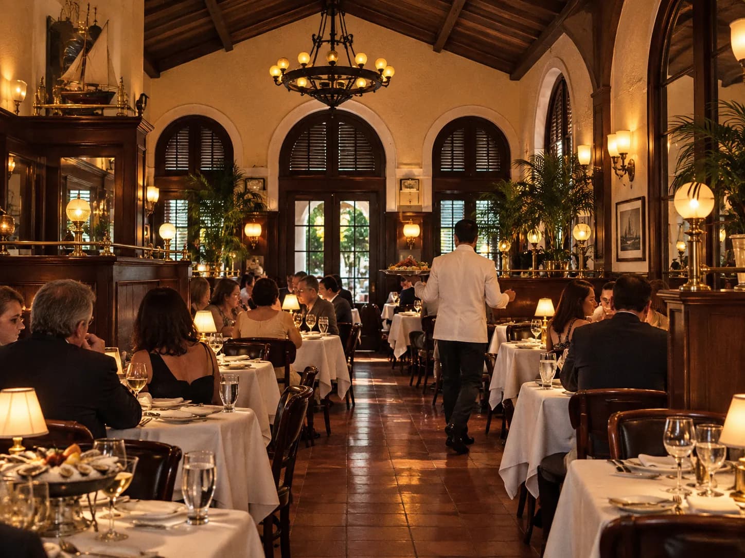 The dining room of a large old seafood restaurant with white tablecloths, dark panelling, arched windows and waiters in white jackets
