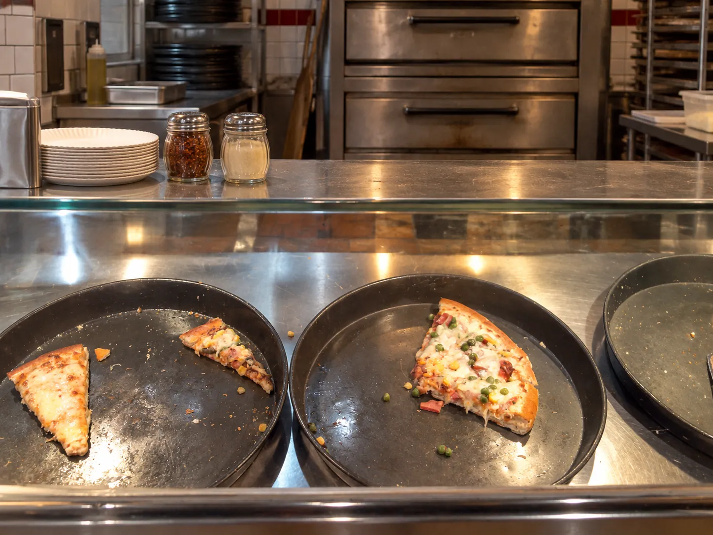 Narrow New York slice counter with a glass-fronted warming display holding whole pies on round trays, a deck oven behind and a worn ledge with paper plates