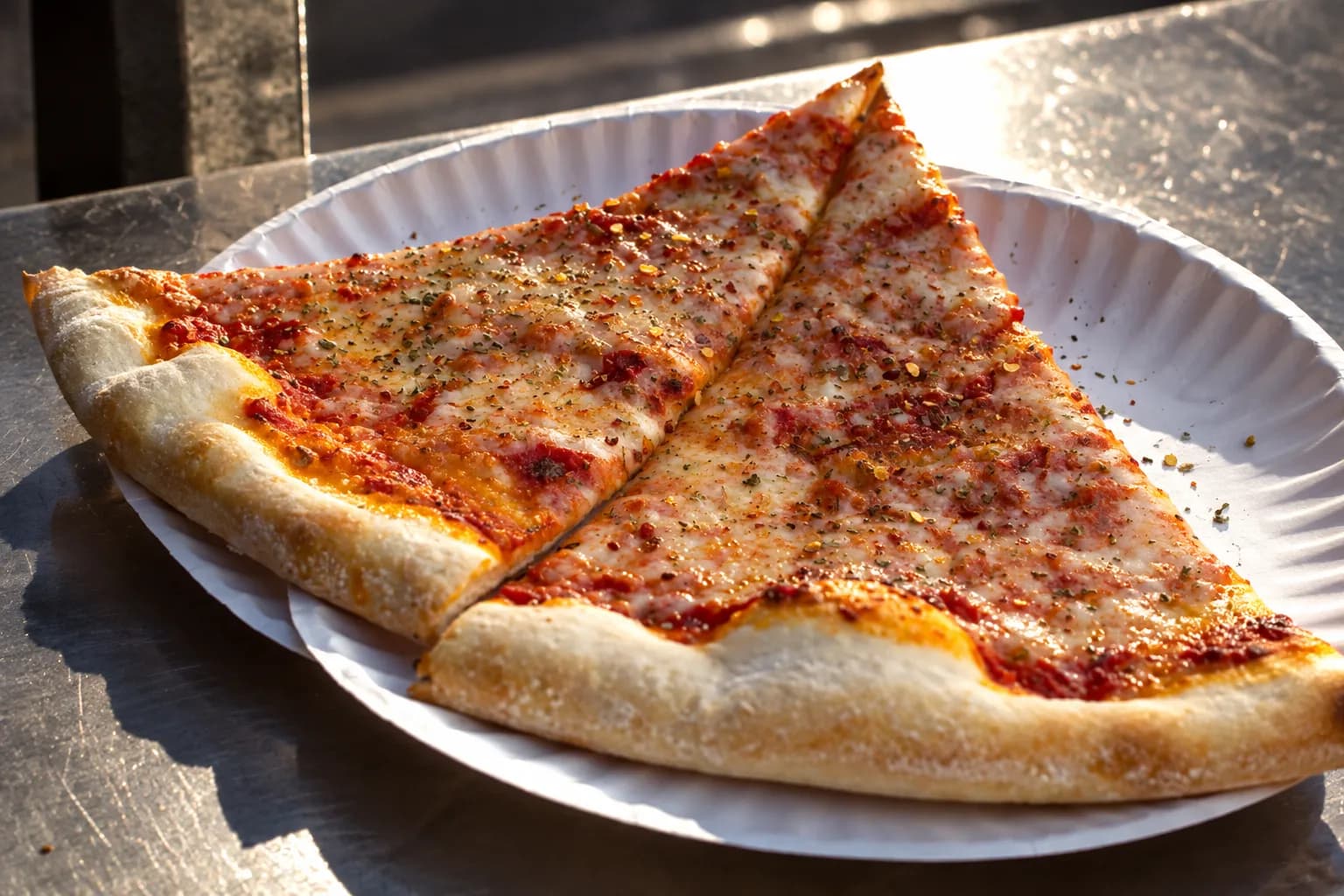 Single wide New York cheese slice on a thin paper plate with blistered browned cheese and a thin crisp base, resting on a metal ledge