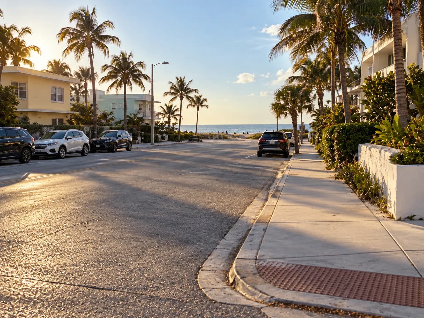 Quiet residential street corner at the southern end of a beach district with low pastel buildings, mature palms and late afternoon sun raking across the road