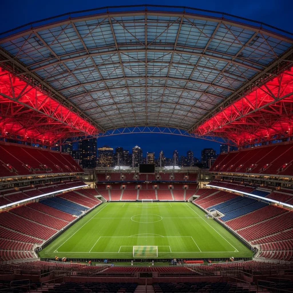 BC Place stadium in Vancouver illuminated for a World Cup 2026 match