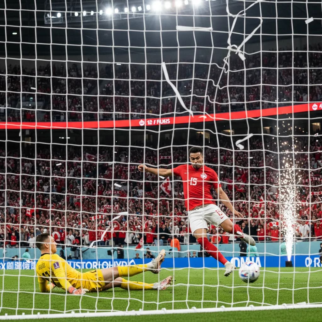 Jonathan David firing home in Canada's red jersey during World Cup 2026