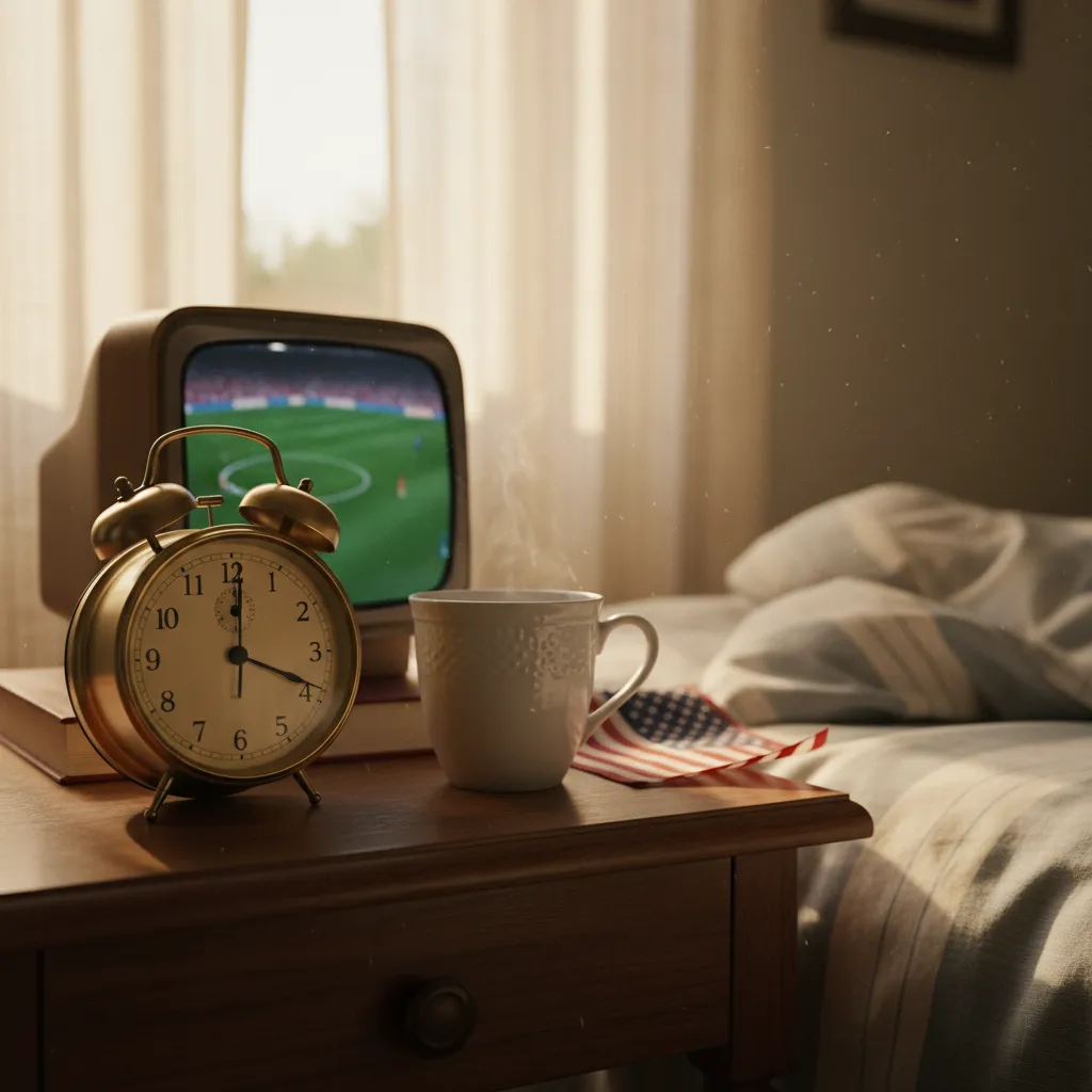 Alarm clock showing 10:00 AM beside TV and coffee cup