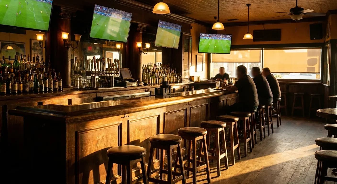 Bar interior at Joxer Daly's in Culver City with flat-screen TVs mounted above the counter and wooden bar stools