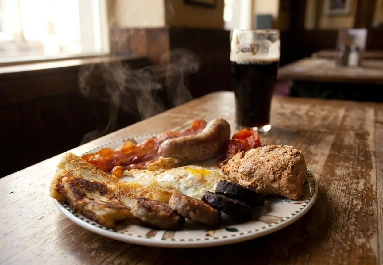 Irish breakfast plate with bangers, bacon, eggs, toast, and black and white pudding on a wooden table