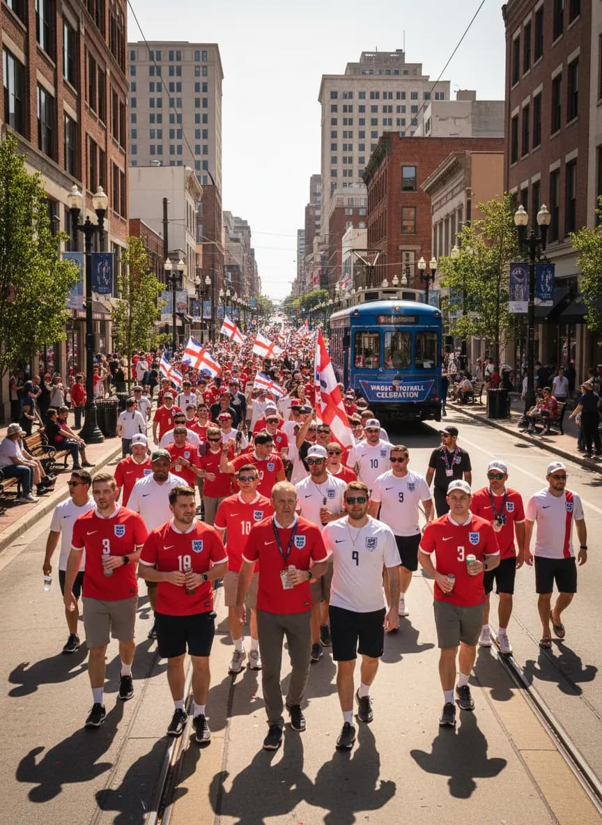 Kansas City England supporter route with football shirts and public food stops