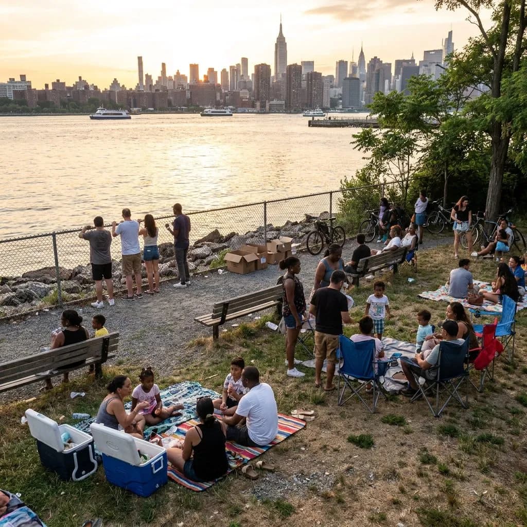 July 4th NYC: Five-Borough Fireworks Viewing Map Beyond Macy's — Wide view from Transmitter Park's grassy slope in Greenpoint at 8:47 PM, July su