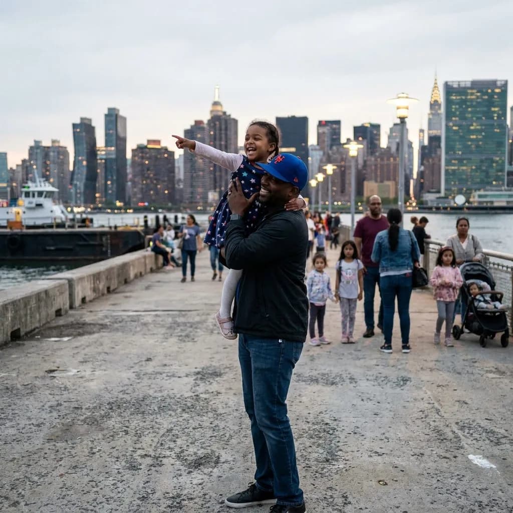 July 4th NYC: Five-Borough Fireworks Viewing Map Beyond Macy's — Close moment of a Black father lifting his daughter onto his shoulders along the