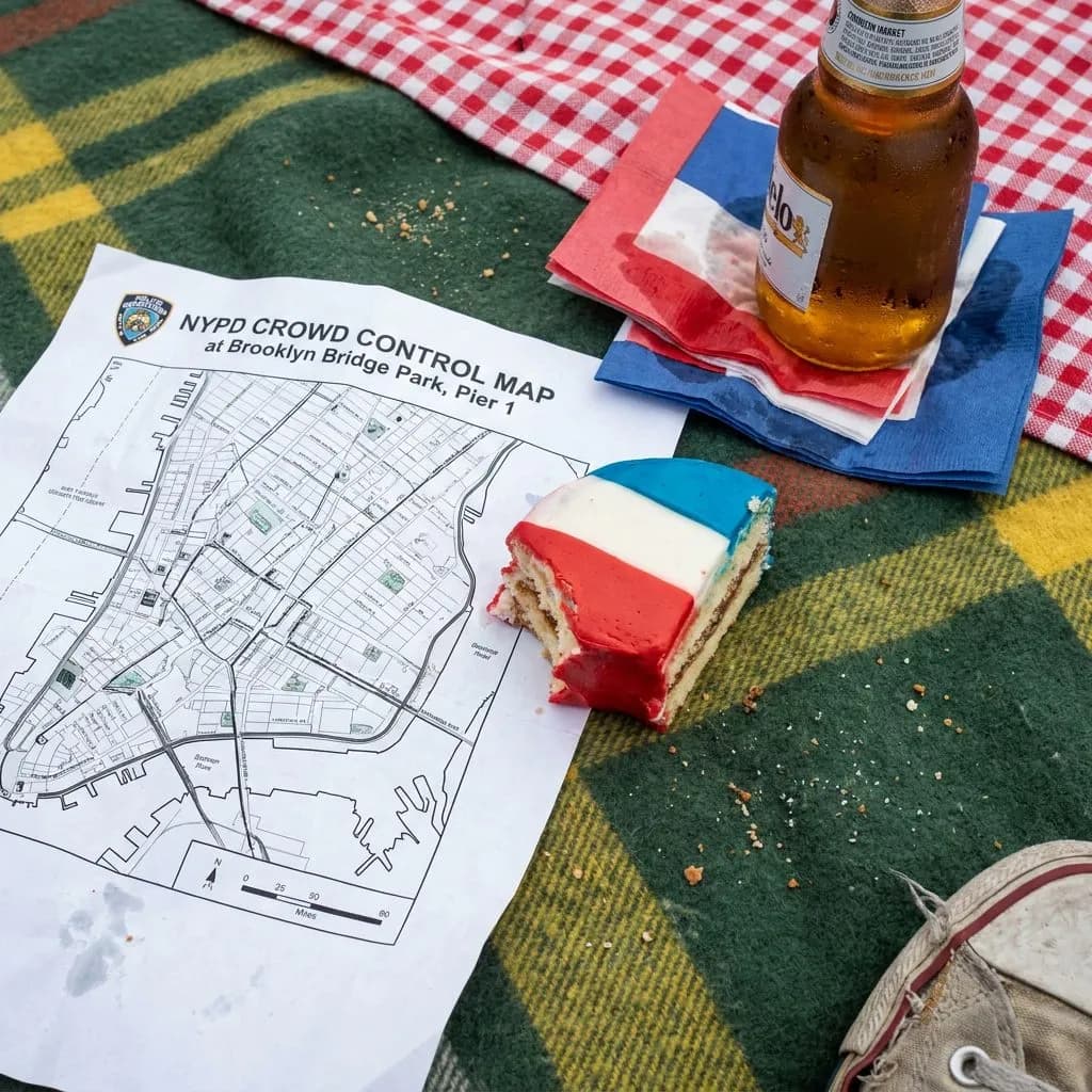 July 4th NYC: Five-Borough Fireworks Viewing Map Beyond Macy's — Detail of a crumpled NYPD barricade map and half-eaten corner-store flag cake on